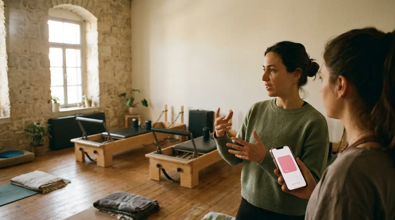A pilates instructor talks with a client holding a phone with a class package