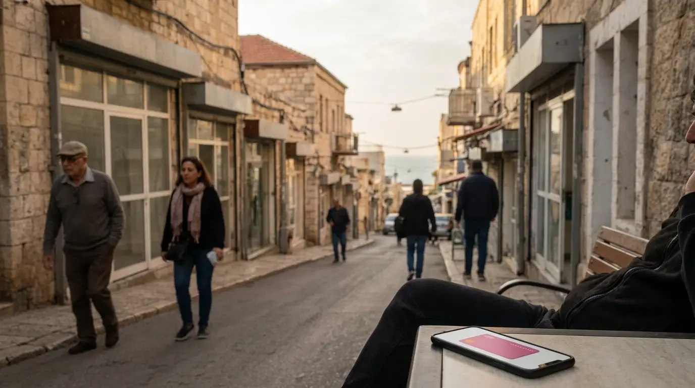 A Haifa street with small shops and the sea in the background