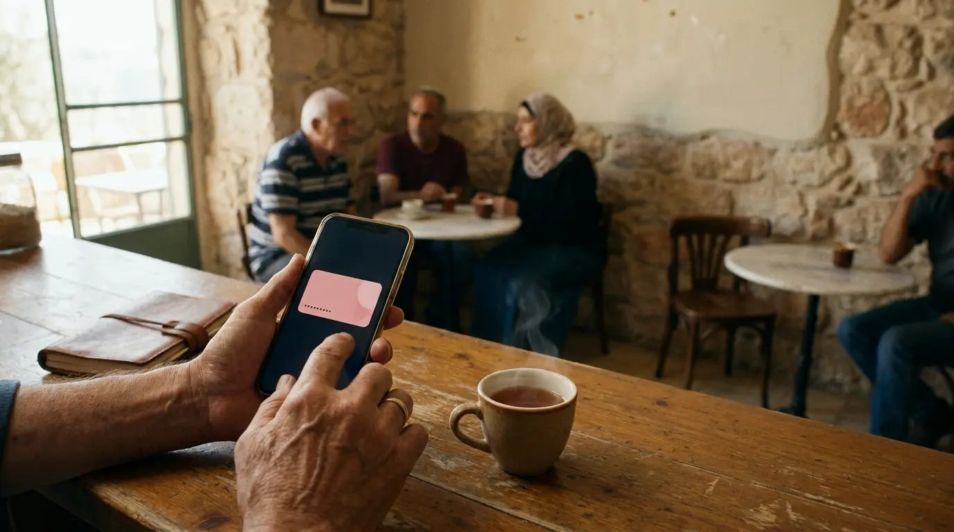A business owner's hands holding a phone next to a cup of tea and a notebook