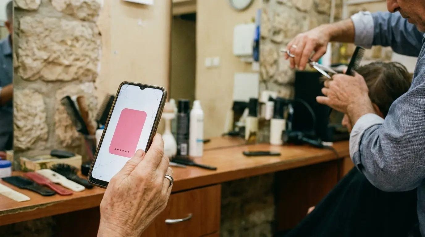 زبونة في صالون تحمل هاتفًا عليه بطاقة النادي في المحفظة الرقمية