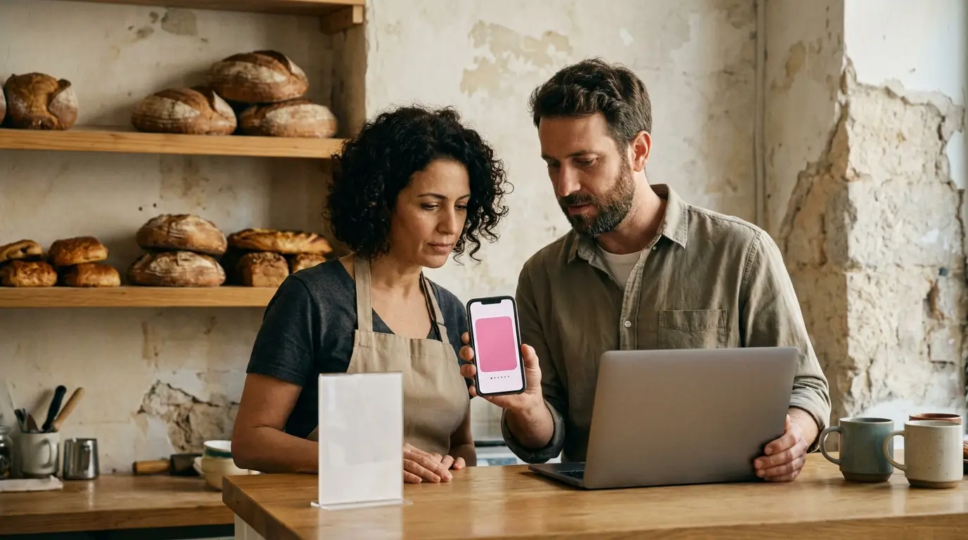 A setup meeting at a bakery counter, with a laptop and a phone