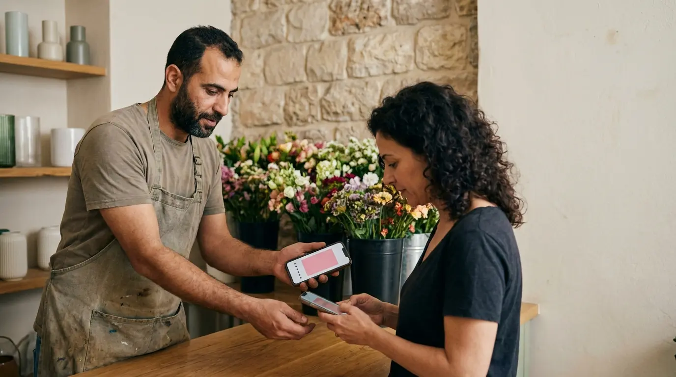 בעל חנות פרחים מציג ללקוחה כרטיס עסק דיגיטלי בטלפון
