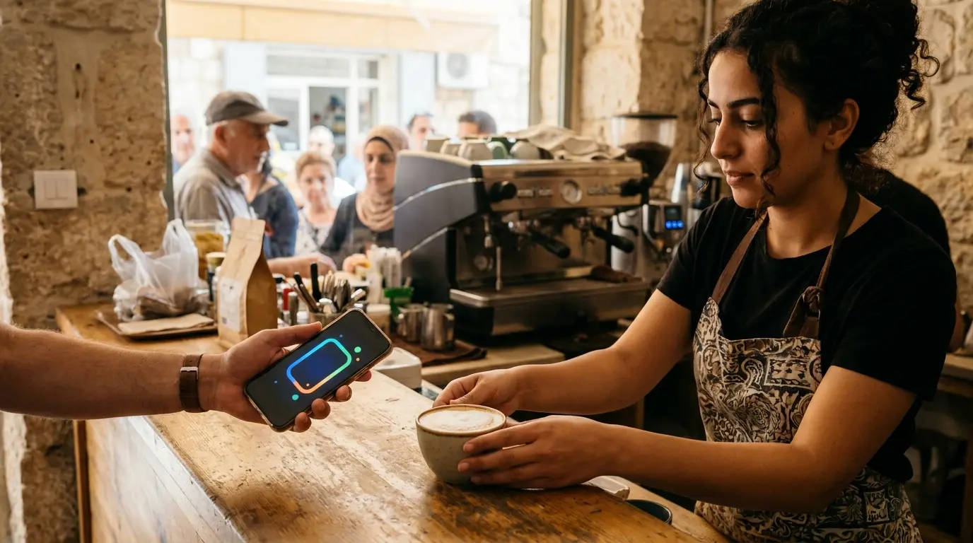 A barista serves a cappuccino while a customer holds a phone with a digital coffee card