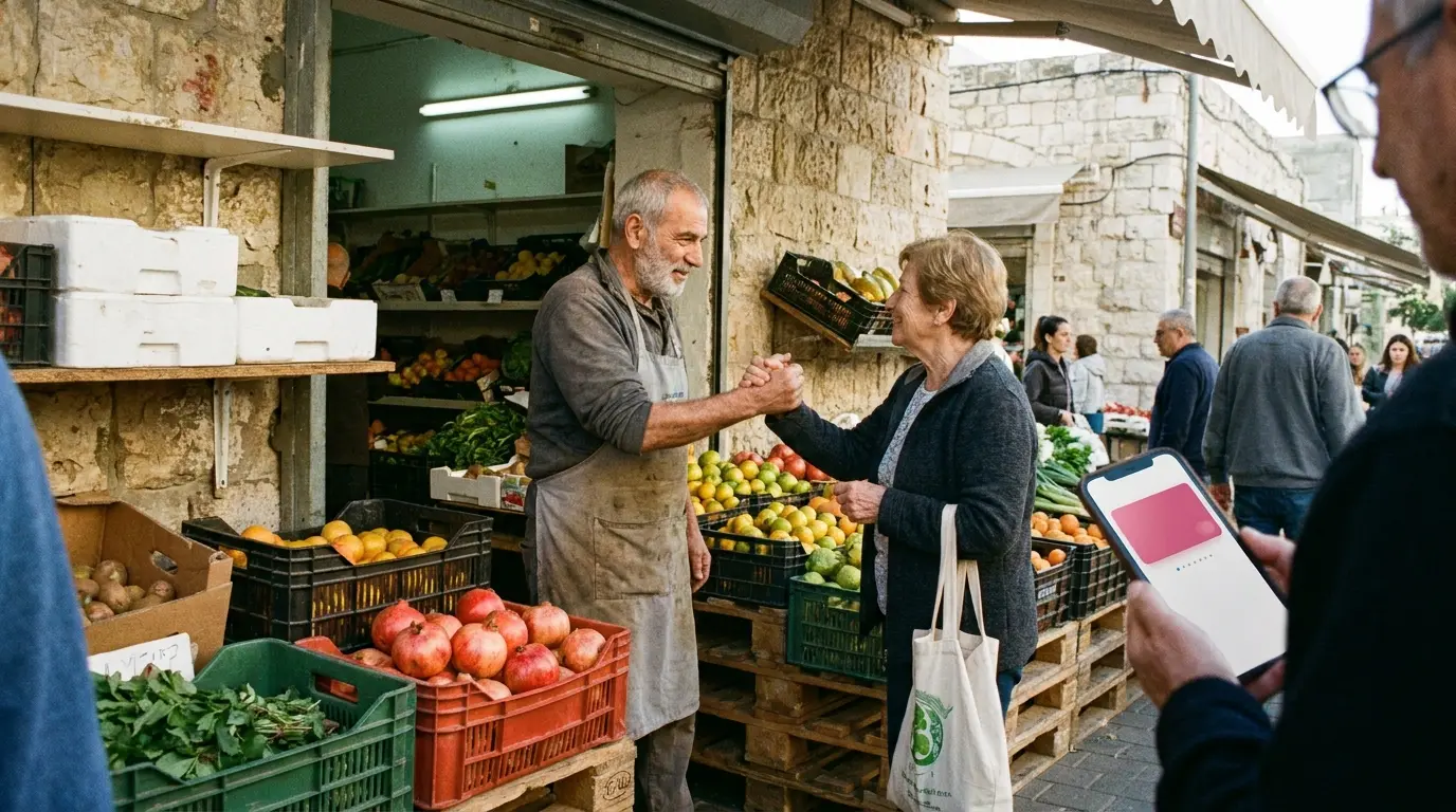 ירקן מקבל בחום לקוחה קבועה שחוזרת לחנות