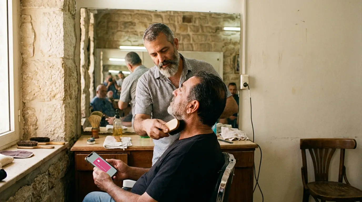 ספר מסיים תספורת ולקוח קבוע מחזיק טלפון עם כרטיס הוקרה