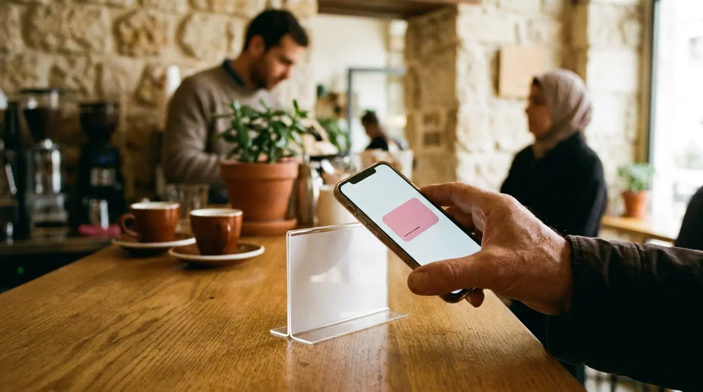 יד מקרבת טלפון לסטנד NFC על דלפק של בית קפה
