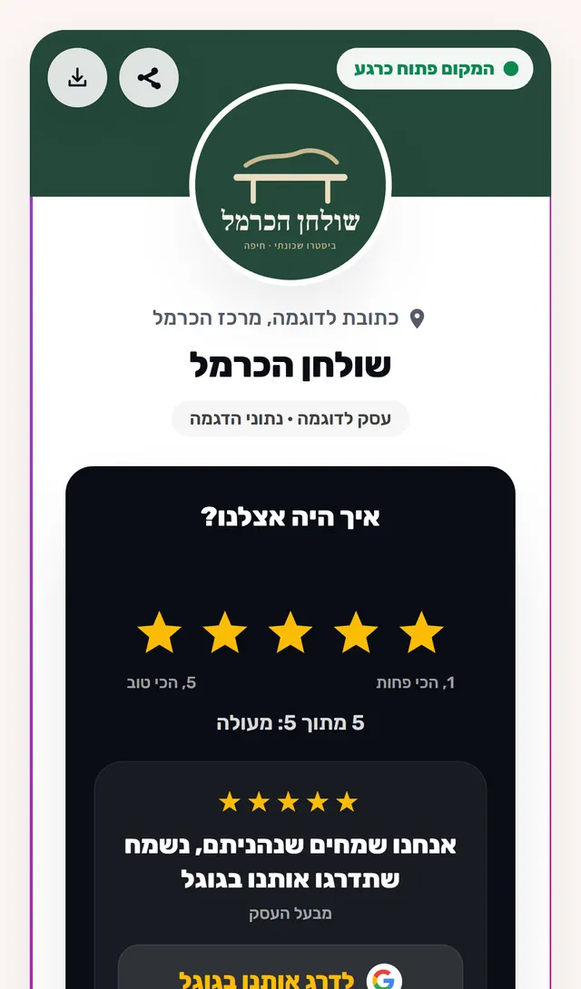 The rating screen on the business card